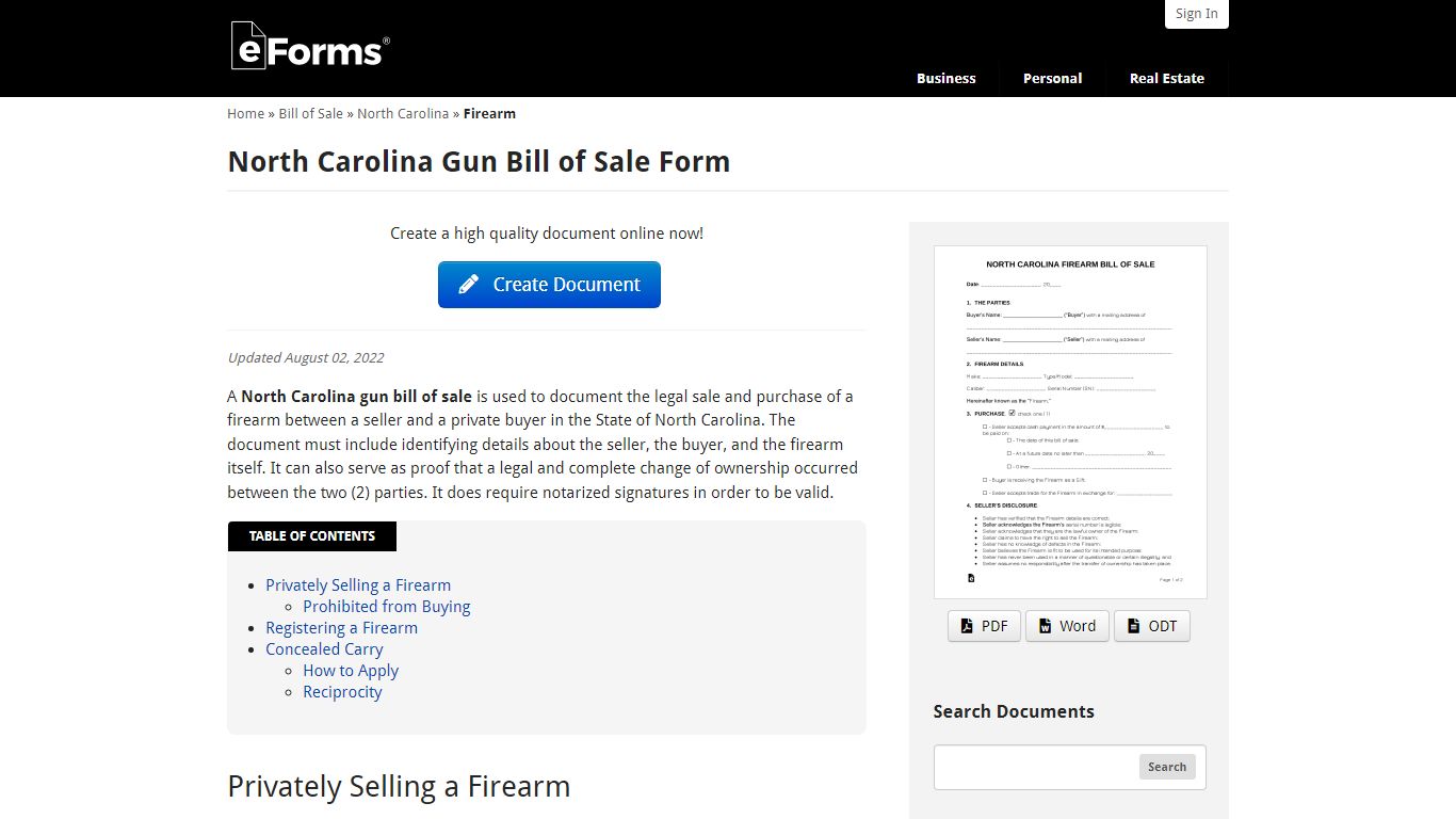 Free North Carolina Gun Bill of Sale Form - Word | PDF – eForms