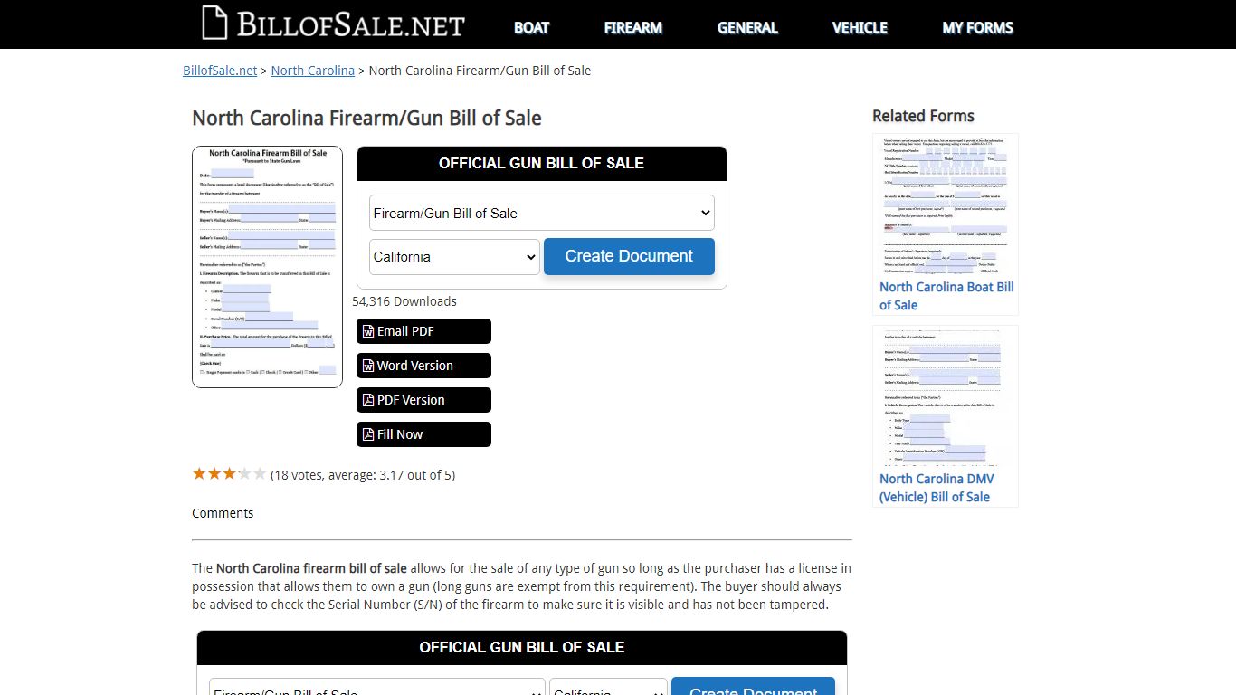 North Carolina Firearm/Gun Bill of Sale - PDF | Word (.doc)