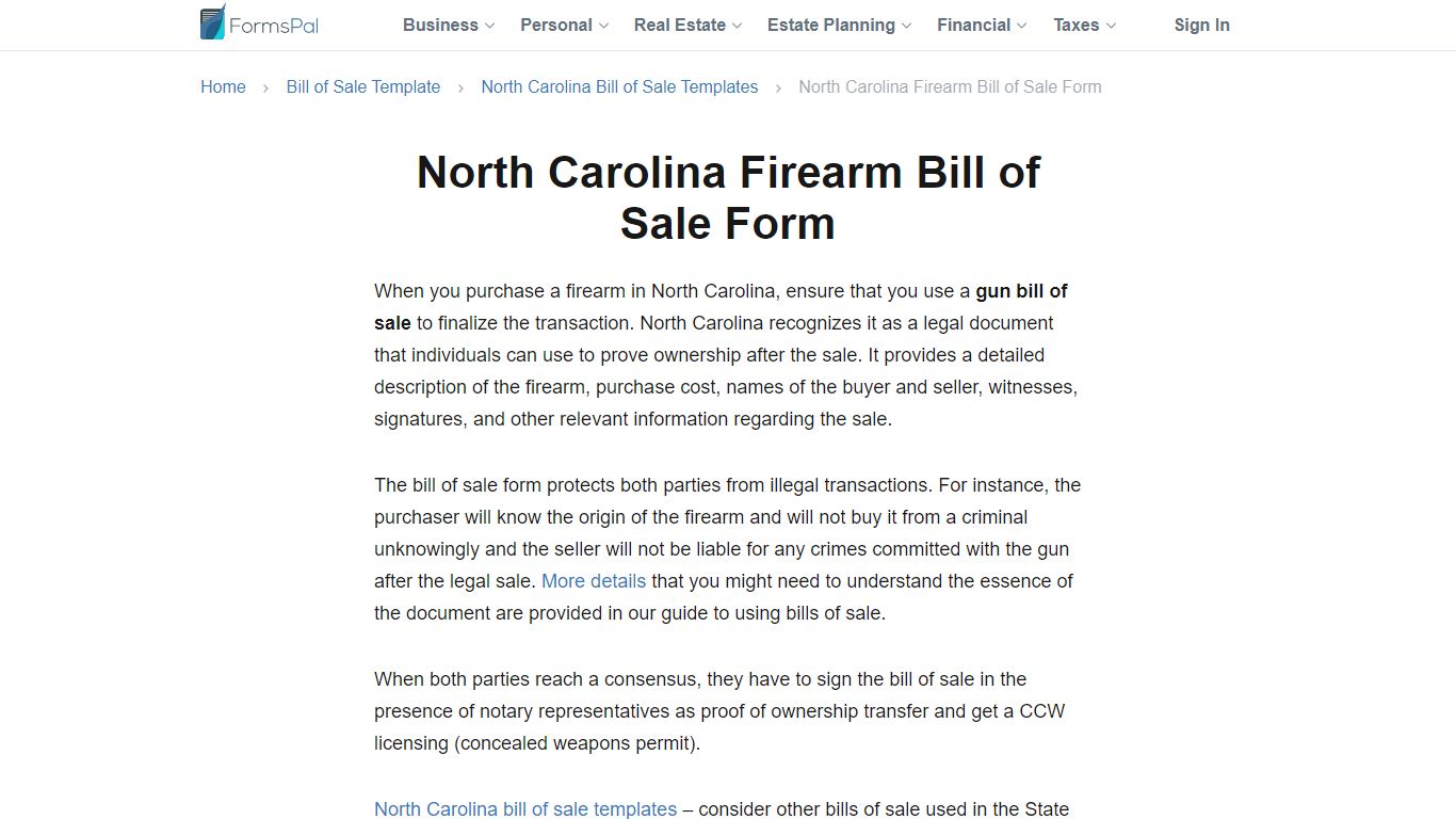 Free North Carolina Firearm Bill of Sale Form (PDF) | FormsPal